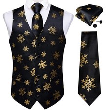 Christmas Men's Suit Vest and Tie Snowflake Waistcoat 3X-Large Black and Gold