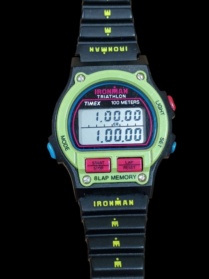Timex Ironman 铁人三项手表 33 毫米黄色绿色 8圈复古 1993 罕见 OG Mid S — 第 3/4 张图片