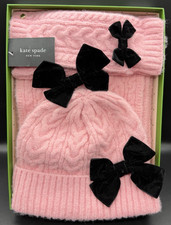KATE SPADE NEW YORK Cable Hat-Scarf-Arm Warmers PINK  BLACK VELVET BOWS 3-PCS 