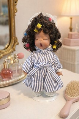 Vintage Porcelain Yawning Doll 10  Sleepy Curler Hair Robe Stand Cute