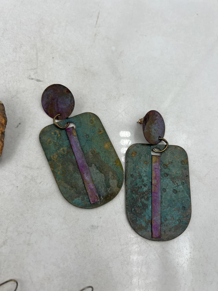 Vintage 80s 90s Artisan Statement Earrings Lot Mixed Wood Metal Art Pin Jewelry - Image 4 of 4