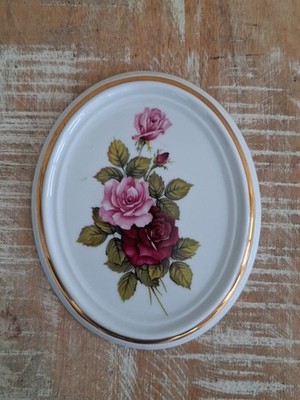 MPM Saxonia Wandbild Wandteller Medaillon Porzellan Rosen Goldrand Oval Ca.13x11