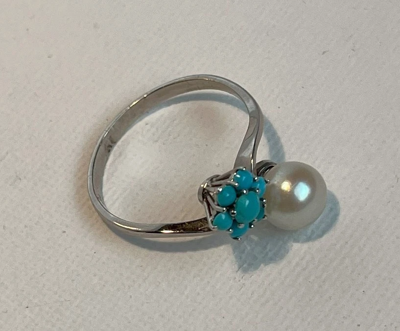 Feiner Ring Weißgold 750 mit Perle und Türkis - Bild 3 von 3