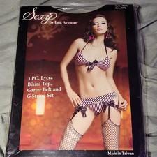 Y2K Vint Leg Avenue 3 PC Lycra Bikini Garter Belt G String Set Pink Black Stripe