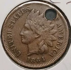 1864-L Indian Cent Fine+ Detail Holed *Full Liberty & Neat Die Crack*