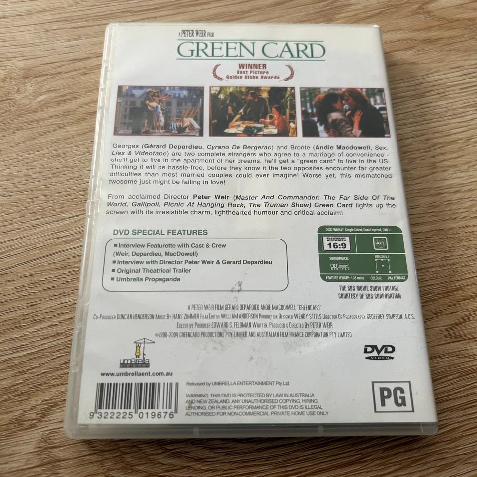 Green Card (DVD 1990) Gerard Depardieu Andie MacDowell Region all - image 2 of 2