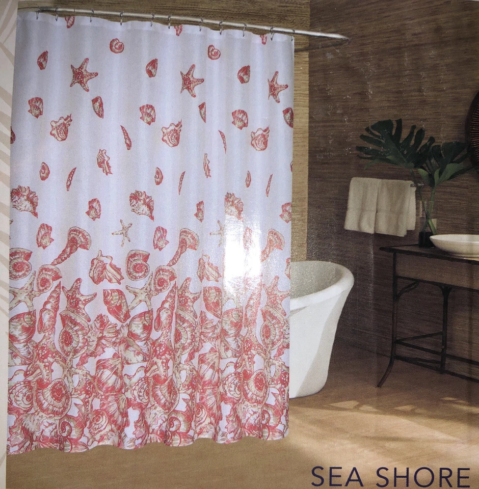 New Caribbean Joe SEA SHORE Shower Curtain Coral Tan & White with Beaded Hooks - Image 2 of 4