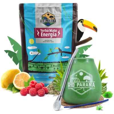 Mate Tee Set Rio Parana Energia Guarana 500g Mate Becher Grün 330 ml + Bombilla