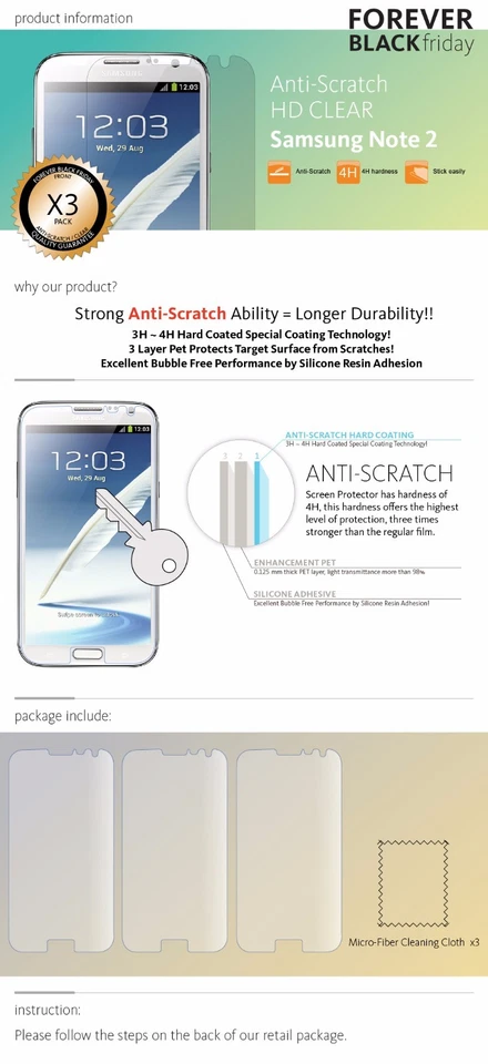 3x Anti-Scratch Clear Screen Protector Cover For Samsung Galaxy Note 2 II N7100 - Image 2 of 4