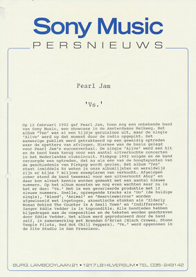 Pearl Jam - Sony Music Persnieuws - Vs - 1993 [Holland] - Press Release