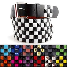 3-Row Metal Pyramid Studded Leather Belt 2-Tone Checker Punk Rock Goth Emo Biker