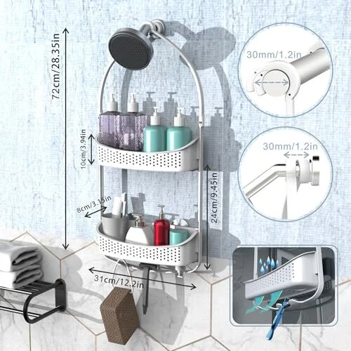 Shower Caddy Hanging, Anti-Swing Over Head Shower Caddy,Plastic Bathroom White