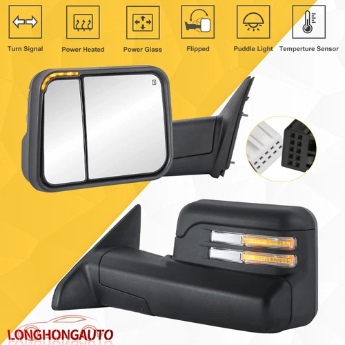 Power Heated Tow Mirrors w/ Temp Sensor Puddle Light For 2009-18 Dodge Ram 1500