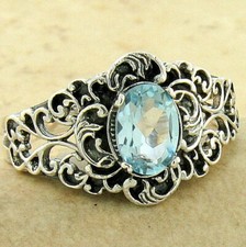 GENUINE 1 CT BLUE TOPAZ 925 STERLING SILVER VICTORIAN STYLE FILIGREE RING 1154X