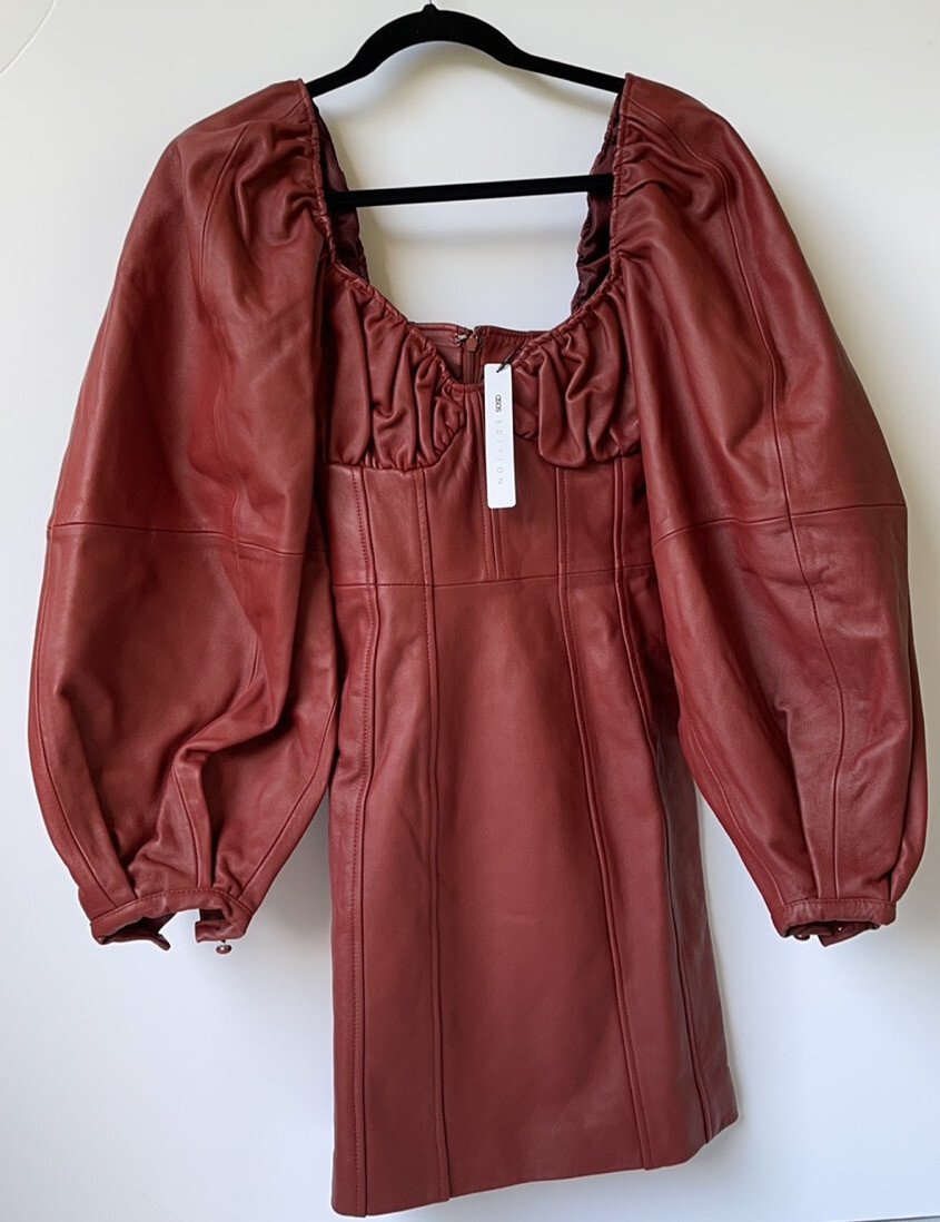 ASOS Edition Real Leather Mini Dress Chestnut Brown Ruched Bust Puff Sleeve Cors ASOS Edition Real Leather Mini Dress Chestnut Brown Ruched Bust Puff Sleeve Cors