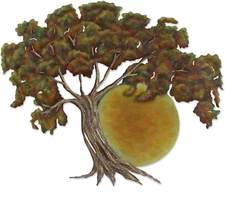 Artisan Handcrafted Steel Wall Art Oak Tree at Sunset from Mexico Green Yellow S