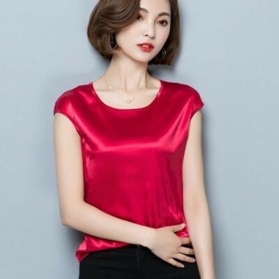Damen Flügelärmel Tops Satin Kunstseide Shirt Tee Bluse seidig weich T-Shirt Sommer neu