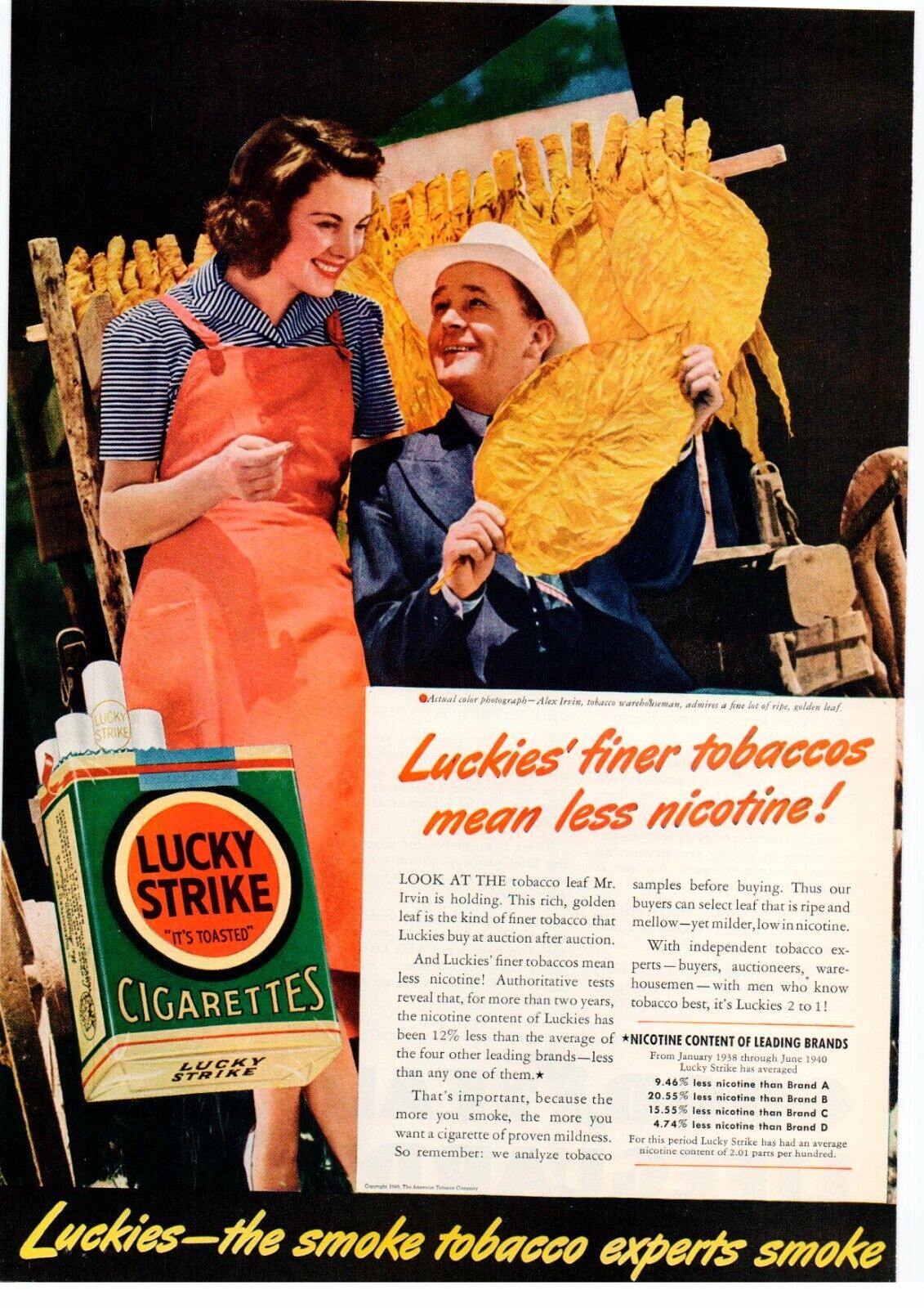 1940 LUCKY STRIKE CIGARETTES IT'S TOASTED SALES ART AD