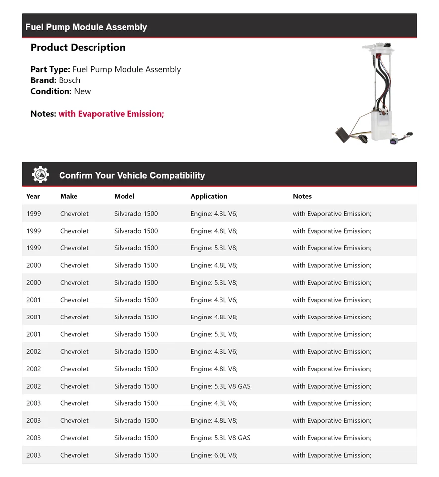 Conjunto de módulo de bomba de combustible Bosch para Chevrolet Silverado 1500 1999-2003 2000 2001 Foto 2 de 4