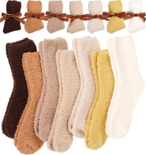 7 Pairs Fall Fuzzy Socks for Women Soft Fluffy Slipper with Velvet Ribbon Cozy W