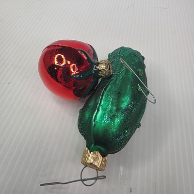 Pickle and Tomato Ornaments Green Red Hand Blown Glass Christmas Vintage