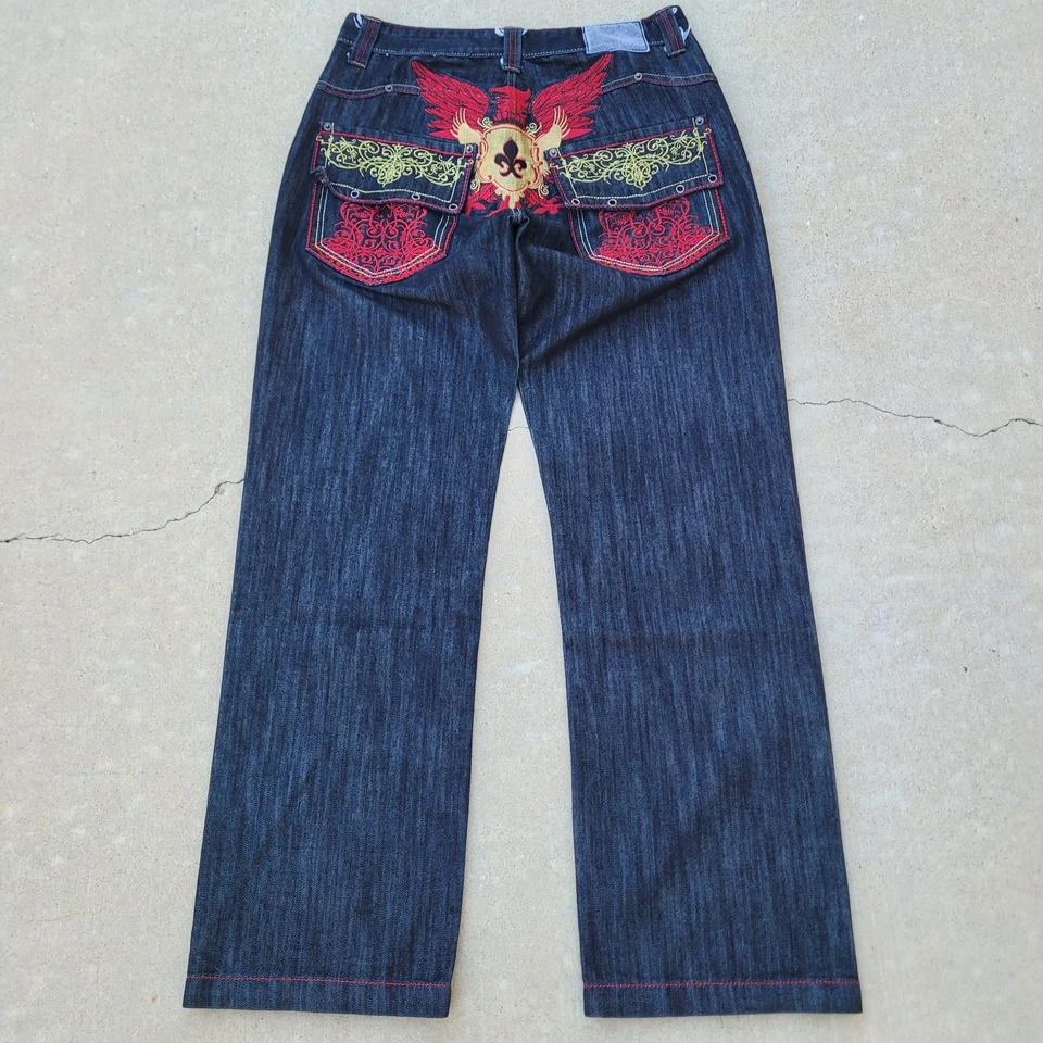 Pantalones de mezclilla vintage Y2K Red Ape para hombre negros rojos bordados águila pierna recta 31x31 Foto 3 de 4