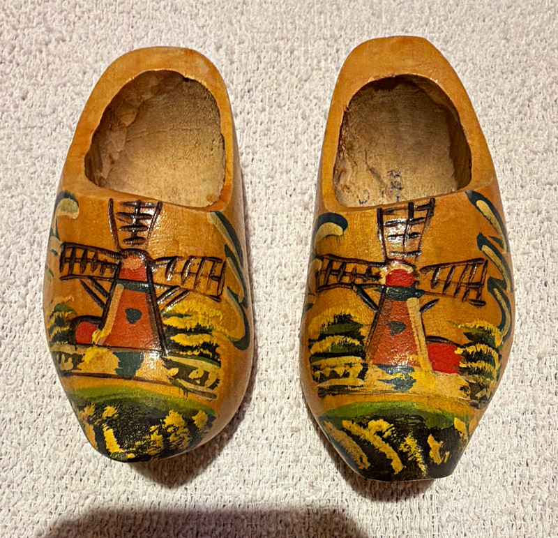 Made in Holland Pair of Painted Mini Wooden Dutch Clogs Souvenir Windmill Design