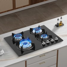 4 Burners Gas Hob 60cm Black Tempered Glass NG/LPG Convert With Iron Pan Support