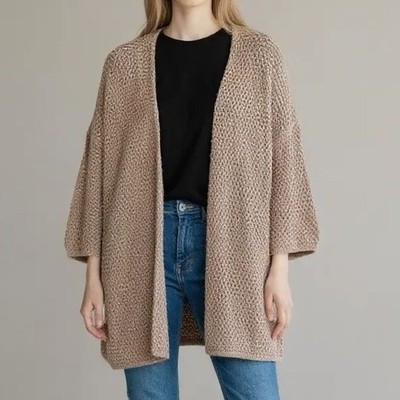 Marina Rinaldi Women Open Knit Cardigan Sweater - XL Nude Beige