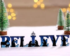 Wooden Believe-Letters Christmas Sign, Nativity Scene Indoor Decor, Religious...