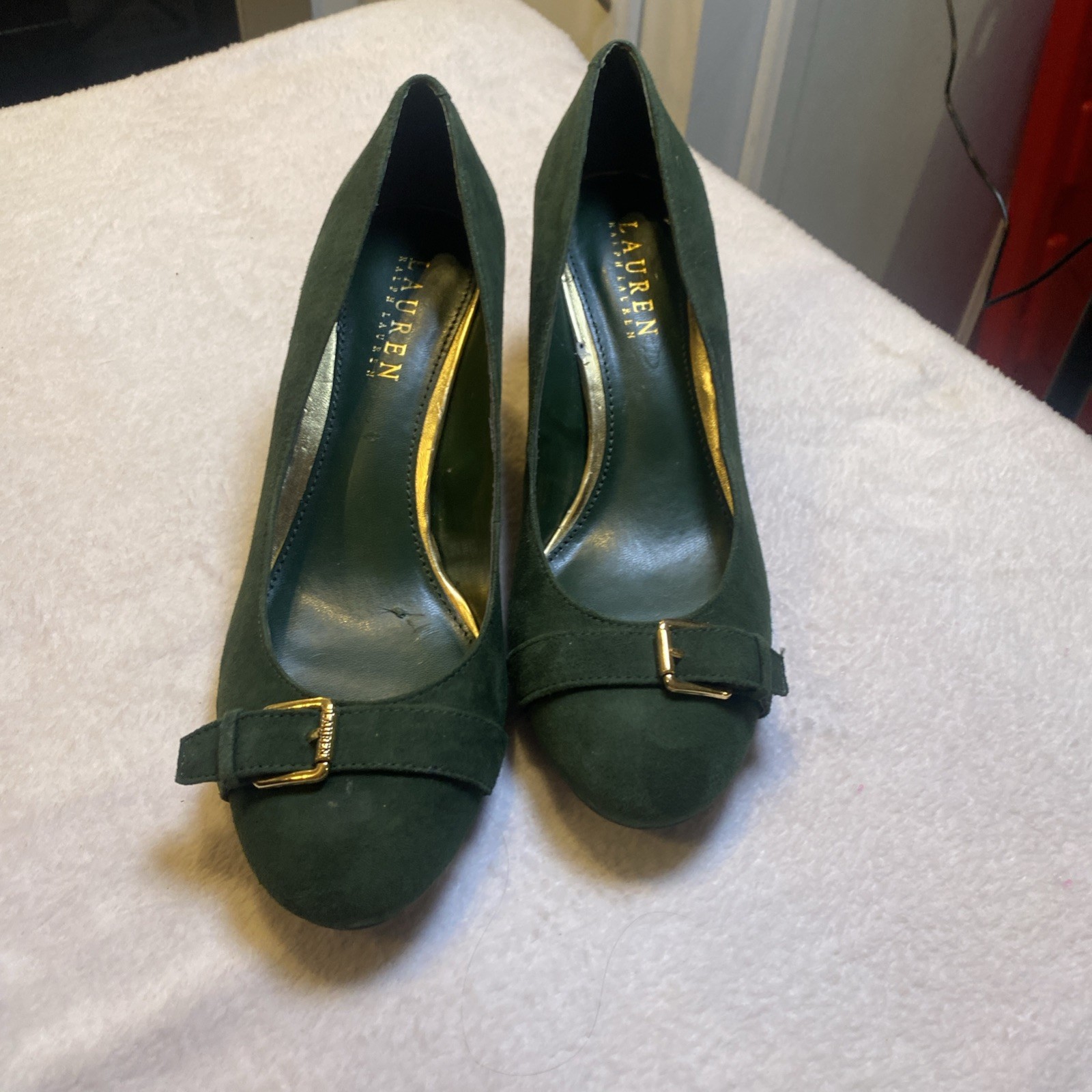 Ralph Lauren Women’s Green Suede Velvet Buckle St Patricks Heels Size 7 Women’s 