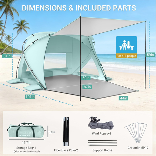 Beach Tent Sun Shelter with Canopy, Cumbrex™ 4-6 Person Pop up Beach Tent, Easy  - Picture 6 of 12