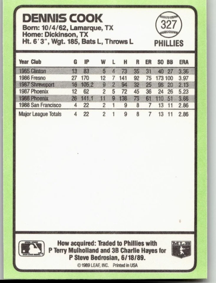 Dennis Cook 1989 Donruss Baseball's Best Baseball Philadelphia Phillies - Image 2 of 2