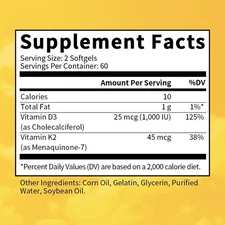Powerful Vitamin D3 K2 Capsules - Extra Strength D3 K2 Supplements with 1000 IU