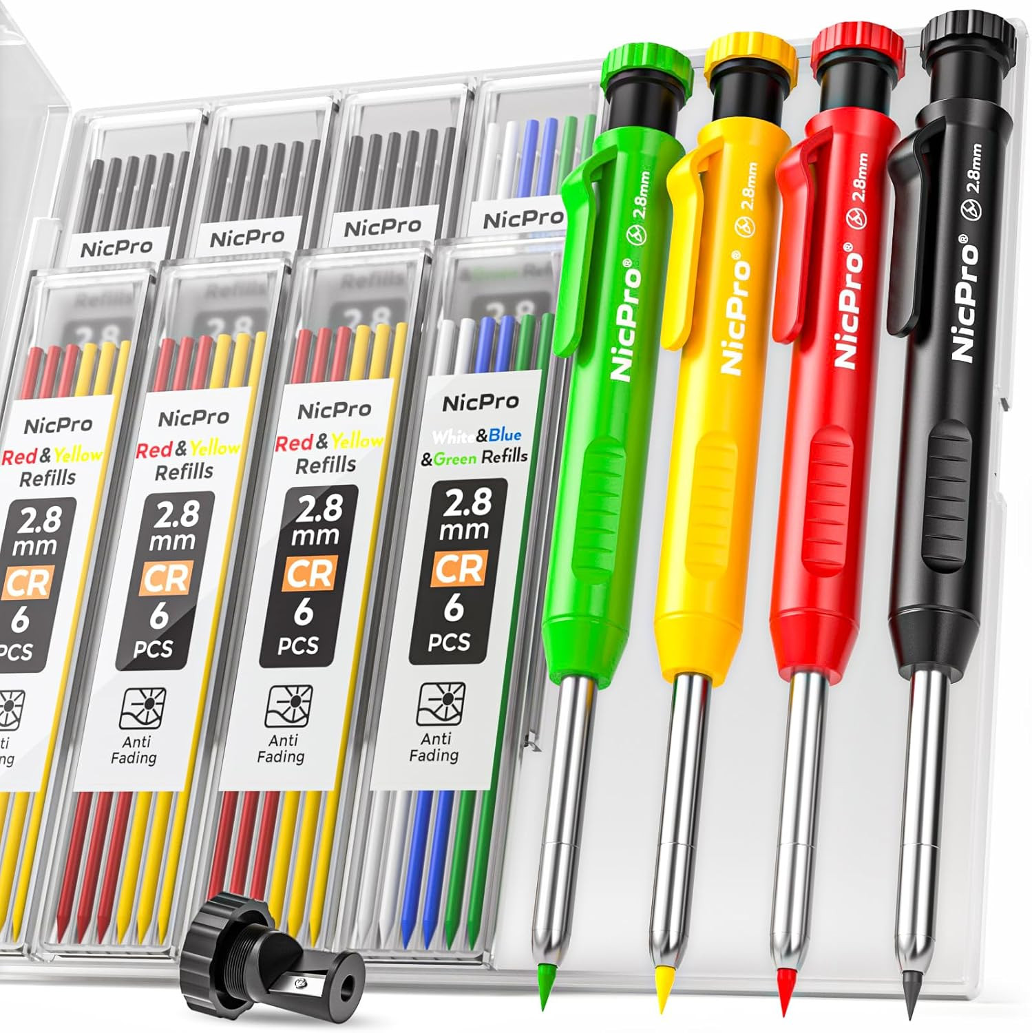 4 Pack Carpenter Pencil with Sharpener, Mechanical Pencils Set with 52 Refills,