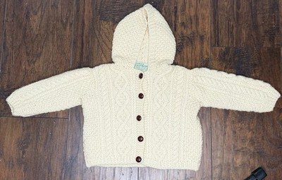 Crana Handknits Irish Aran Wool Hooded Cardigan Sweater 12-18M 2T  12  Chest