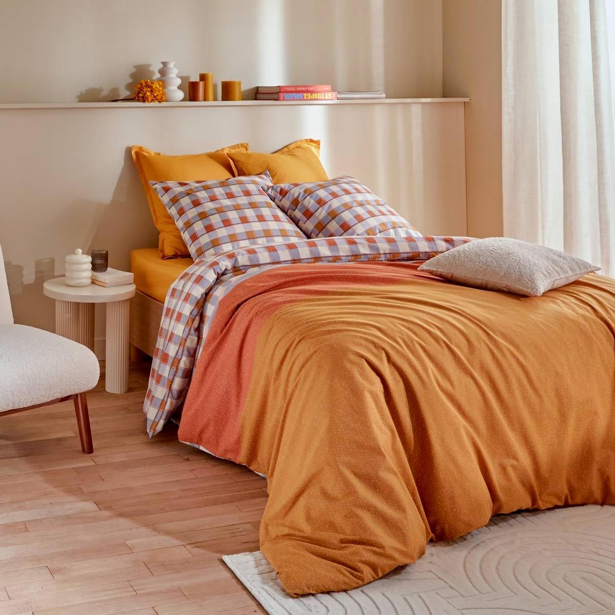 Parure de lit 240x220 terracotta anti-plis style carreaux modernes pour lit 2 personnes
