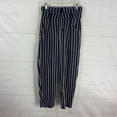 United Colors of Benetton Womens Striped Paperbag Waist Crop Jeans Sz 4 Blue