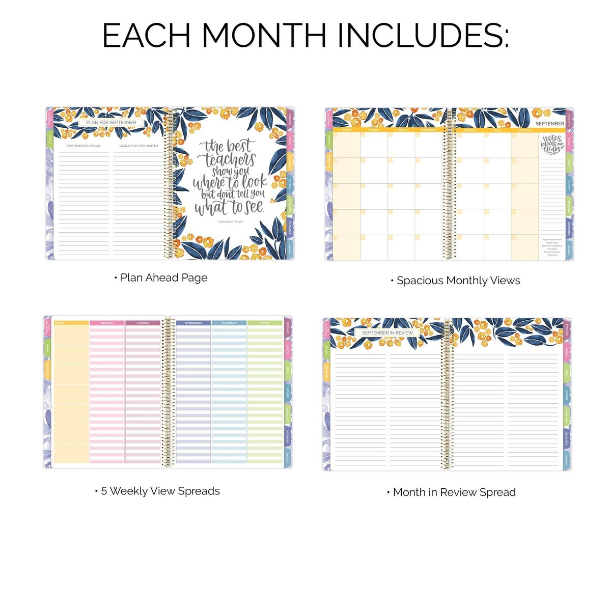bloom daily planners Undated Teacher Planner & Calendar, Watercolor Floral  | eBay