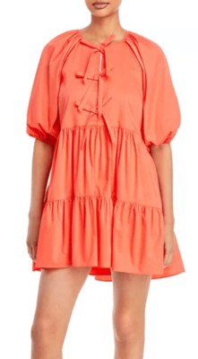 Cinq a Sept Lynn Tiered Puff Sleeve Dress in Neon Coral NWT Size 00