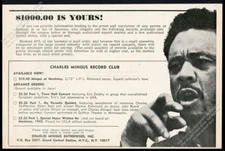1966 Charles Mingus photo Mingus Enterprises Record Club vintage print ad