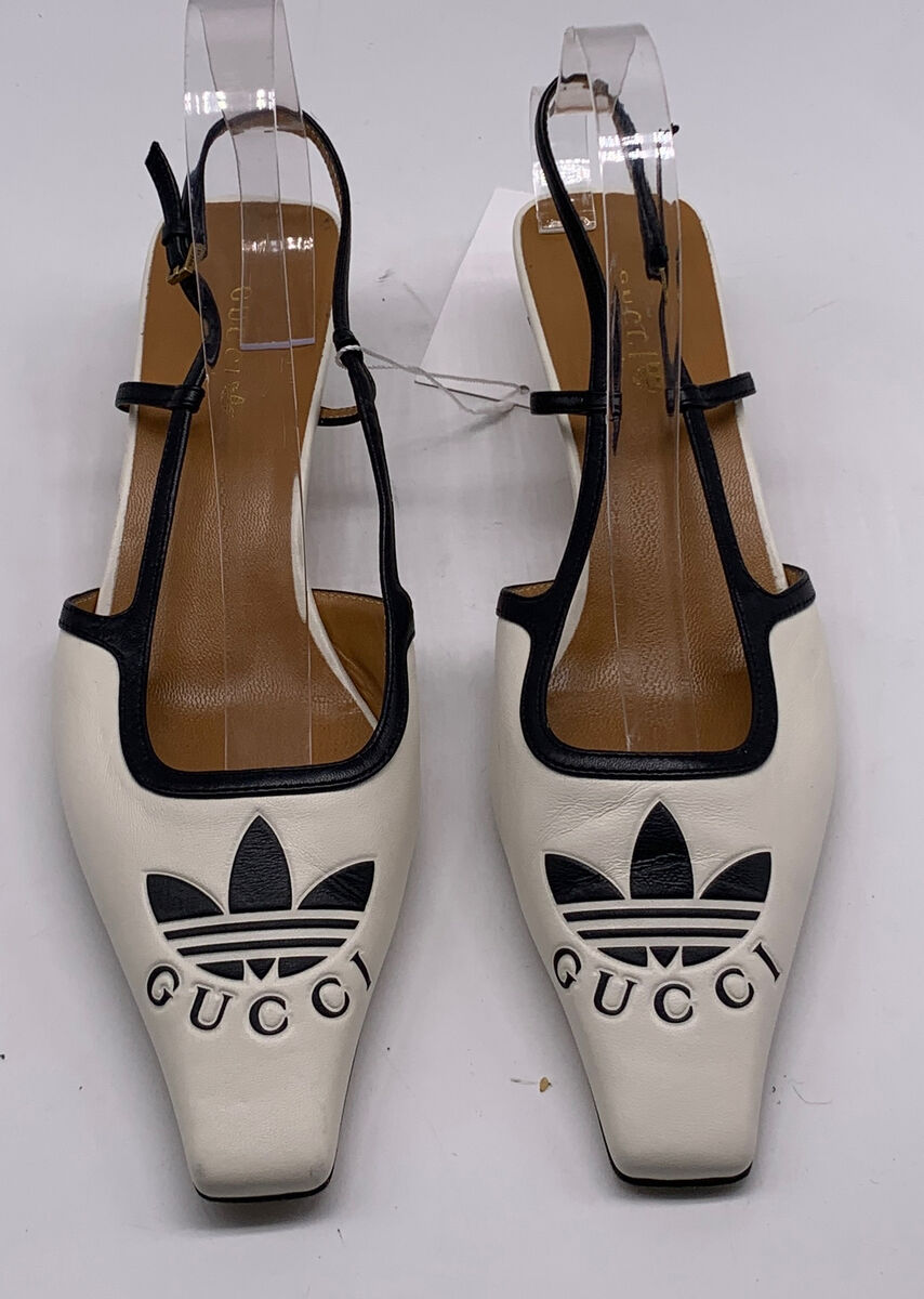 Gucci x Adidas White Square Toe Black Trim Slingback Kitten Gucci x Adidas White Square Toe Black Trim Slingback Kitten