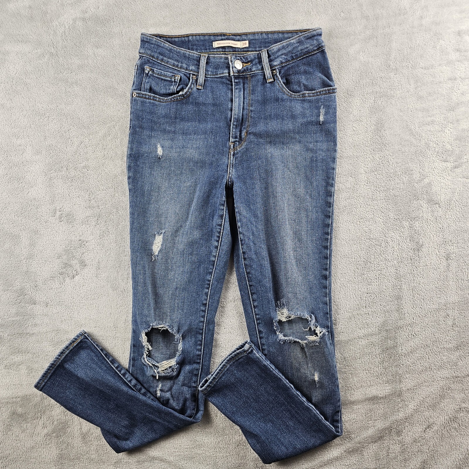Levis 721 High Rise Skinny Blue Jeans Distressed Women's Size 28