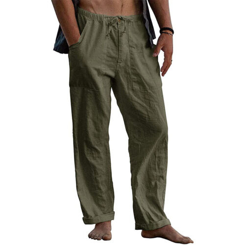 Pantaloni di lino da uomo estate spiaggia sciolti cotone yoga cordino elasticizzato pantaloni - Foto 3 di 16