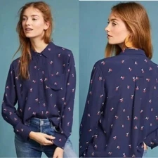 Rails Kate Long Sleeve Button Down Shirt in Navy Cherries Size XS