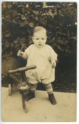 USA RPPC photo postcard of 4-year old James with his tricycle USA RPPC photo postcard of 4-year old James with his tricycle