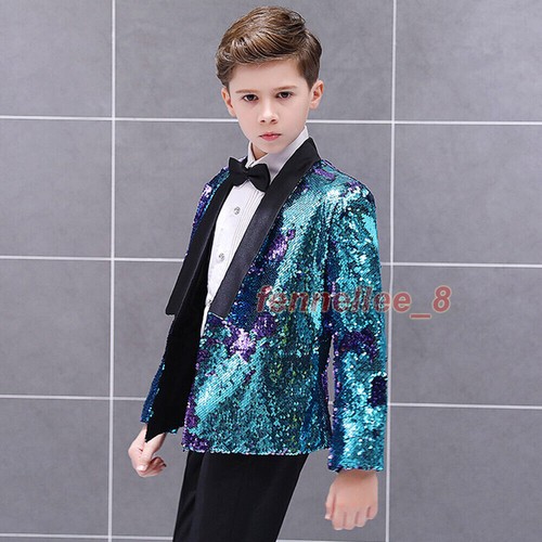 Boys Kids Children Reversible Two Tone Glitter Sequin Suit Jacket Blazer Outwear - Picture 6 of 20