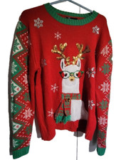 Christmas Sweater by 33 Degrees Mens MEDIUM Llama Red Green Sequin 4339