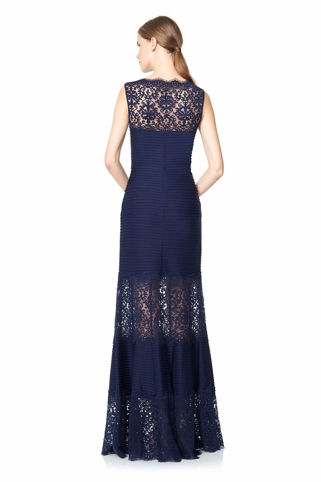 $428 Tadashi Shoji Blue Pintuck Jersey Boatneck Gown size PS NWT - Image 3 of 4