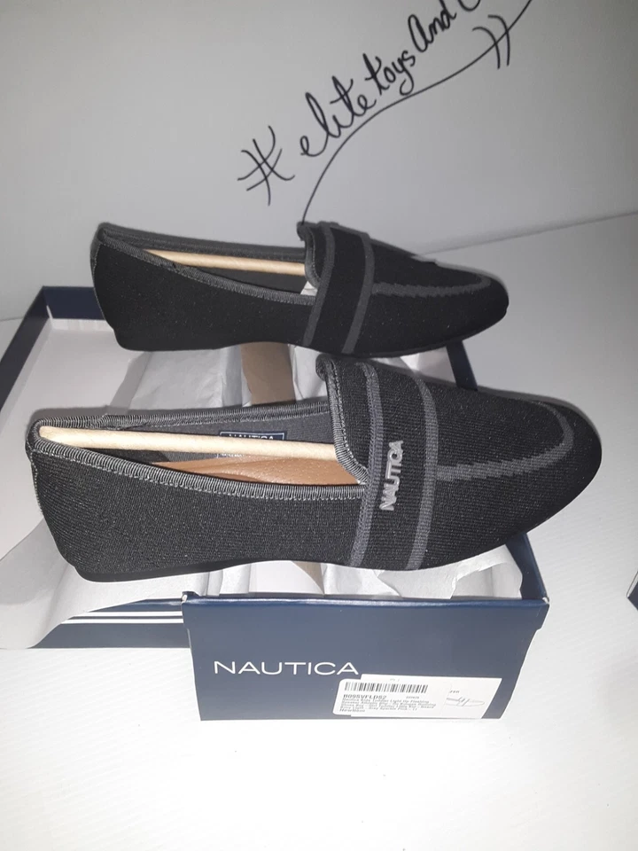 Zapatos Nautica Mujer Talla 8.5 Negro Idi Mocasines Sin Cordones Planos Tela Informal #00h Foto 2 de 4
